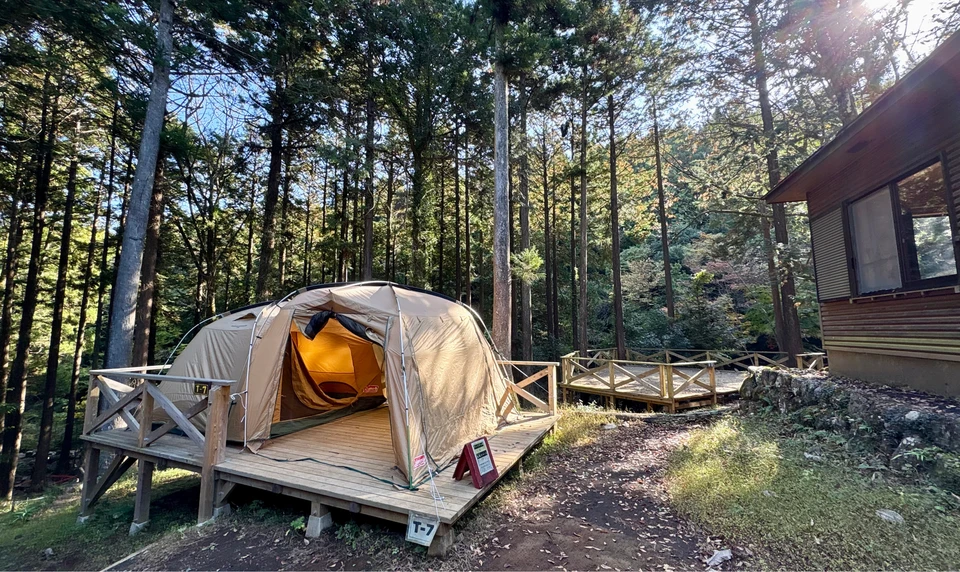 丸太の森キャンプ場　レンタルテント　ウッドデッキ